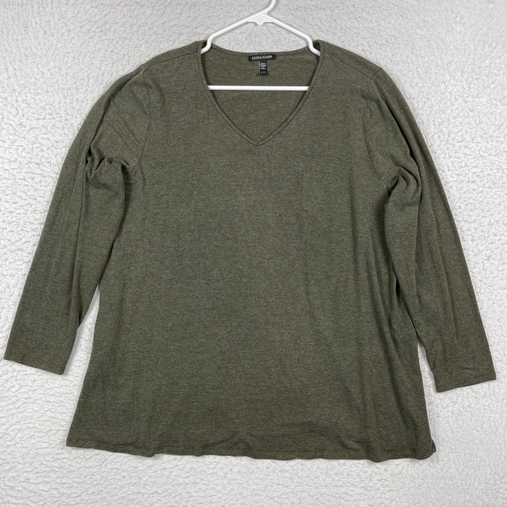 Eileen Fisher V-Neck Top Womens XL Olive Green Tencel Long Sleeve Minimalist